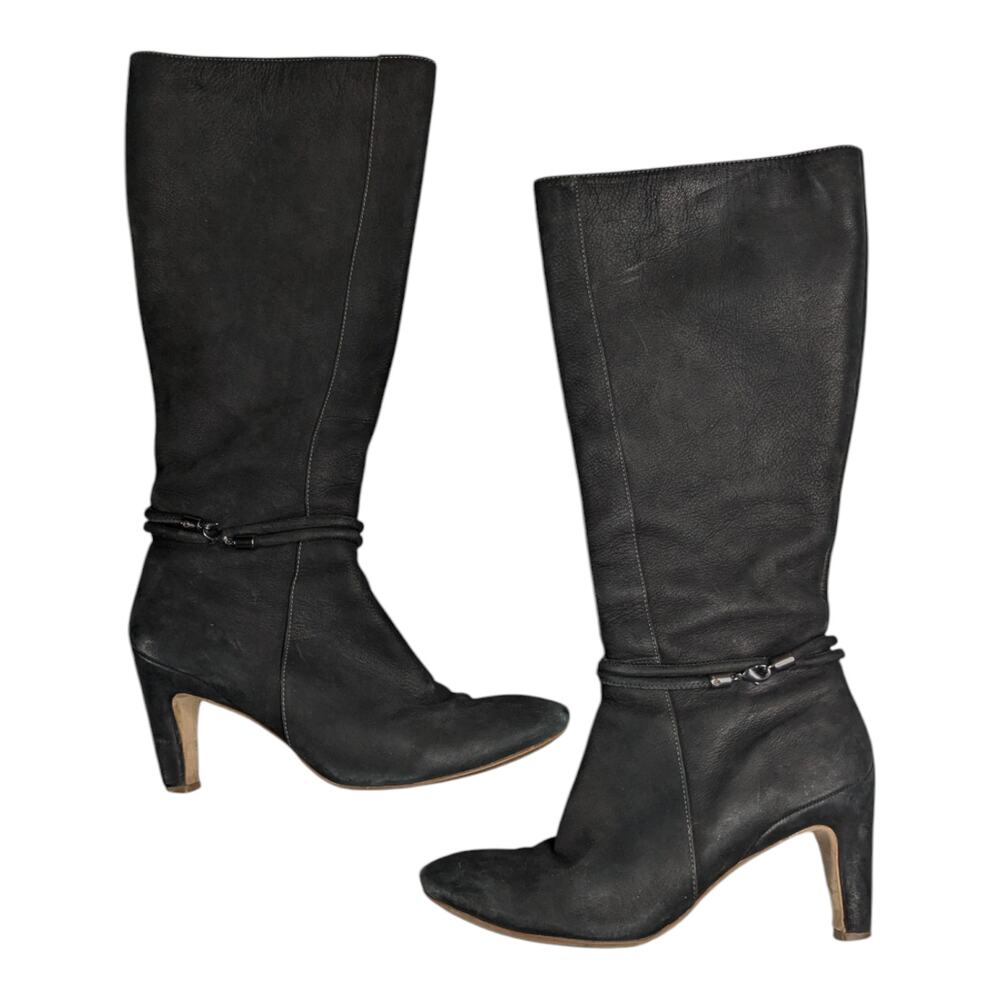 Ecco Nephi Black Nubuck Leather Knee High Almond Toe High Heel Boots 38 7.5